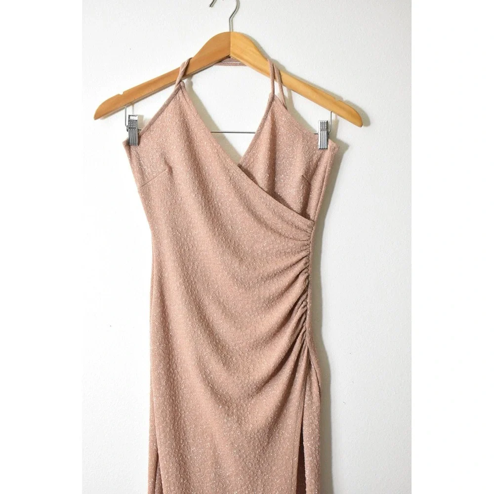 Halter Maxi Dress Womens Small Rose Gold Pink Shimmer 90s Ruched Slit Small